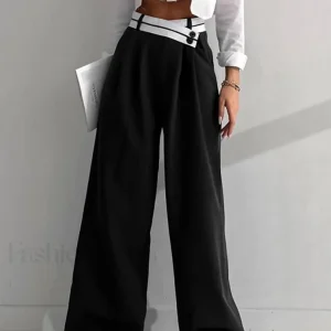Asymmetrical Contrast Waistband Wide Leg Dress Pants
