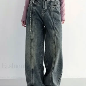 Center Stripe Wide Trendy Leg Jeans Without Belt